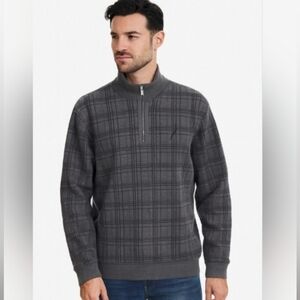 Nautica Quarter Zip Pullover Plaid Sweatshirt Top Gray XXL